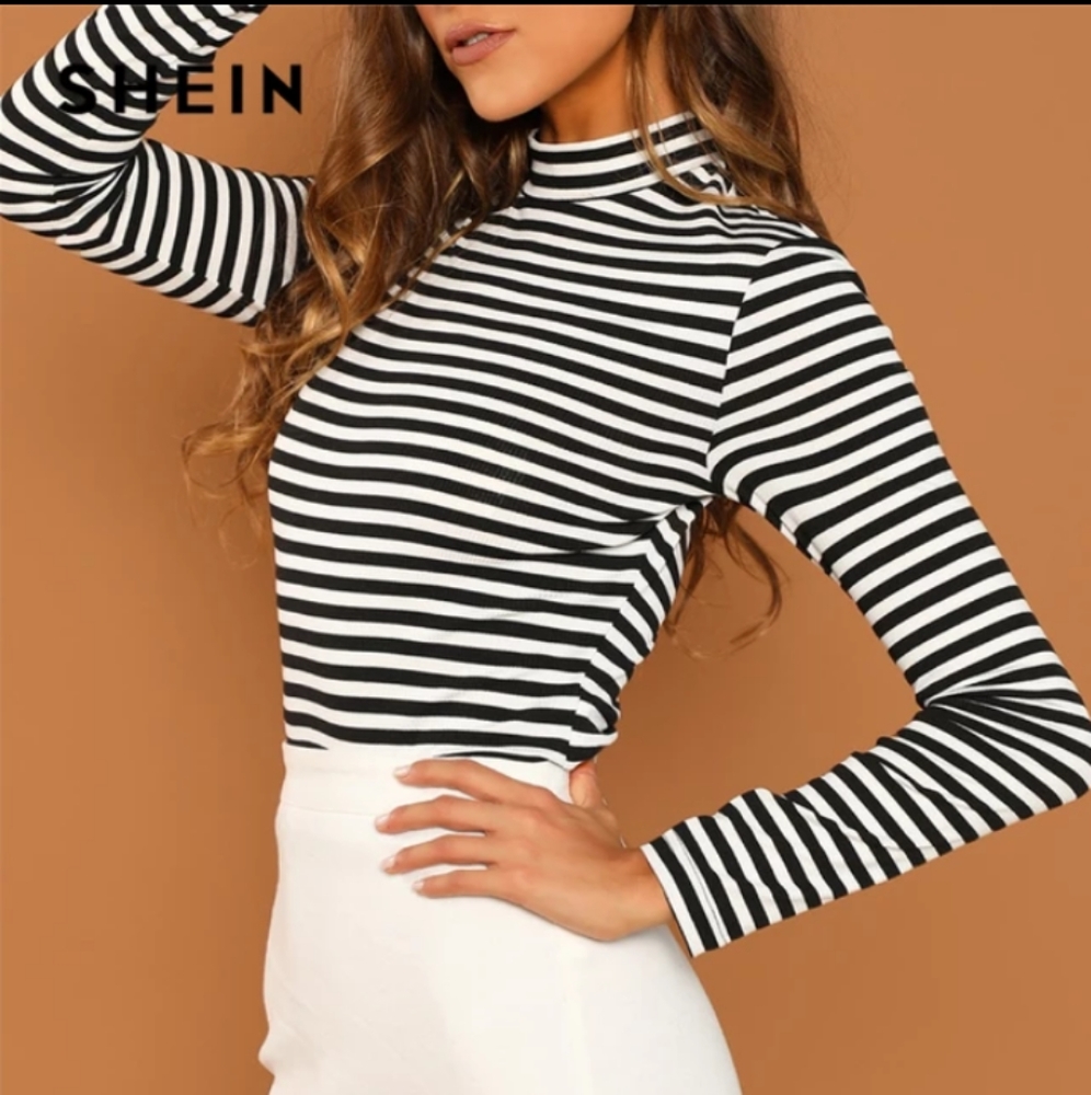 SHEIN Black and White Striped Long Sleeve Shirt - Picture 2 of 7